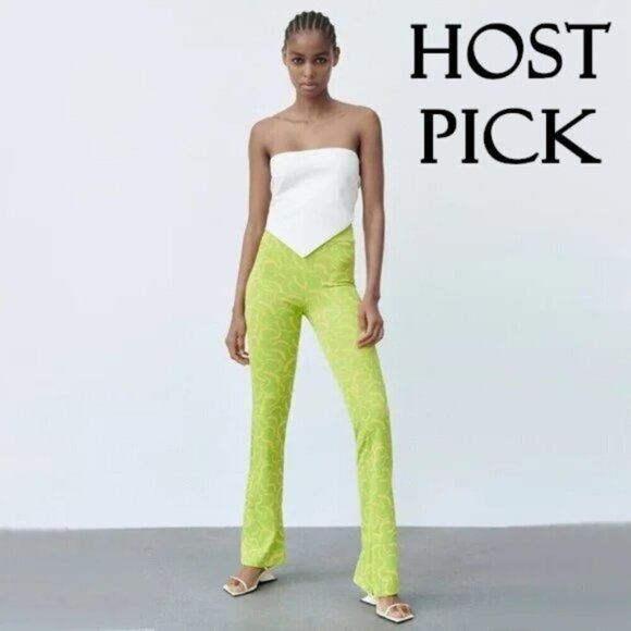 NWT Zara lime green & yellow jacquard high rise flared leggings, S - Picture 1 of 10